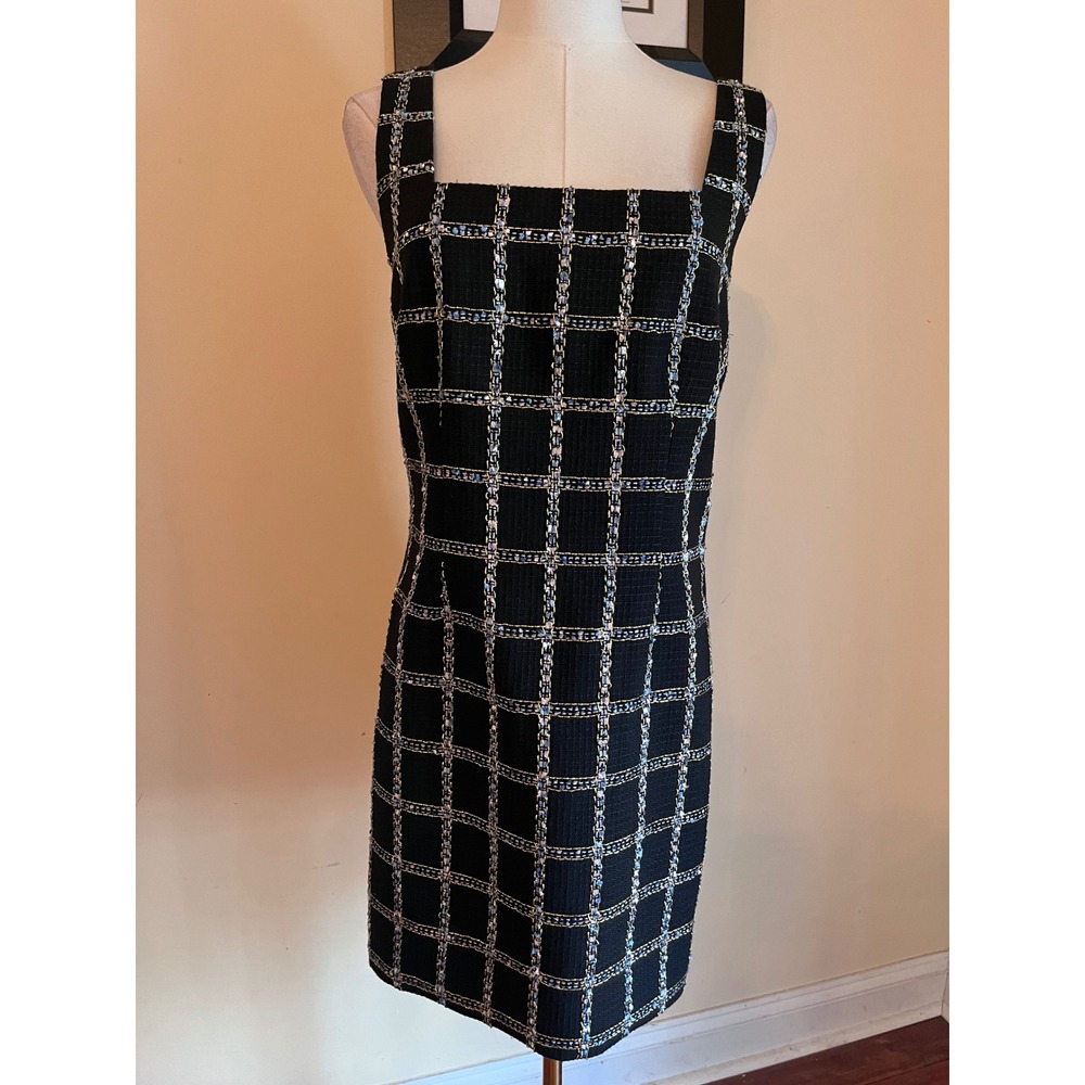 Jason Wu Black Tweed Windowpane Plaid Mini Dress Square Neck Metallic Large - Picture 2 of 8